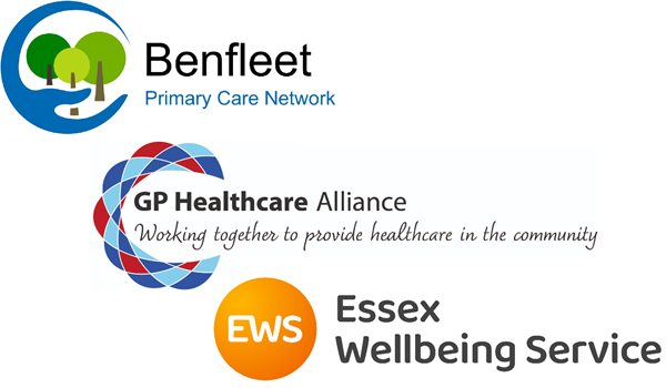 benfleet pcn, gpha and essex wellbeing logos